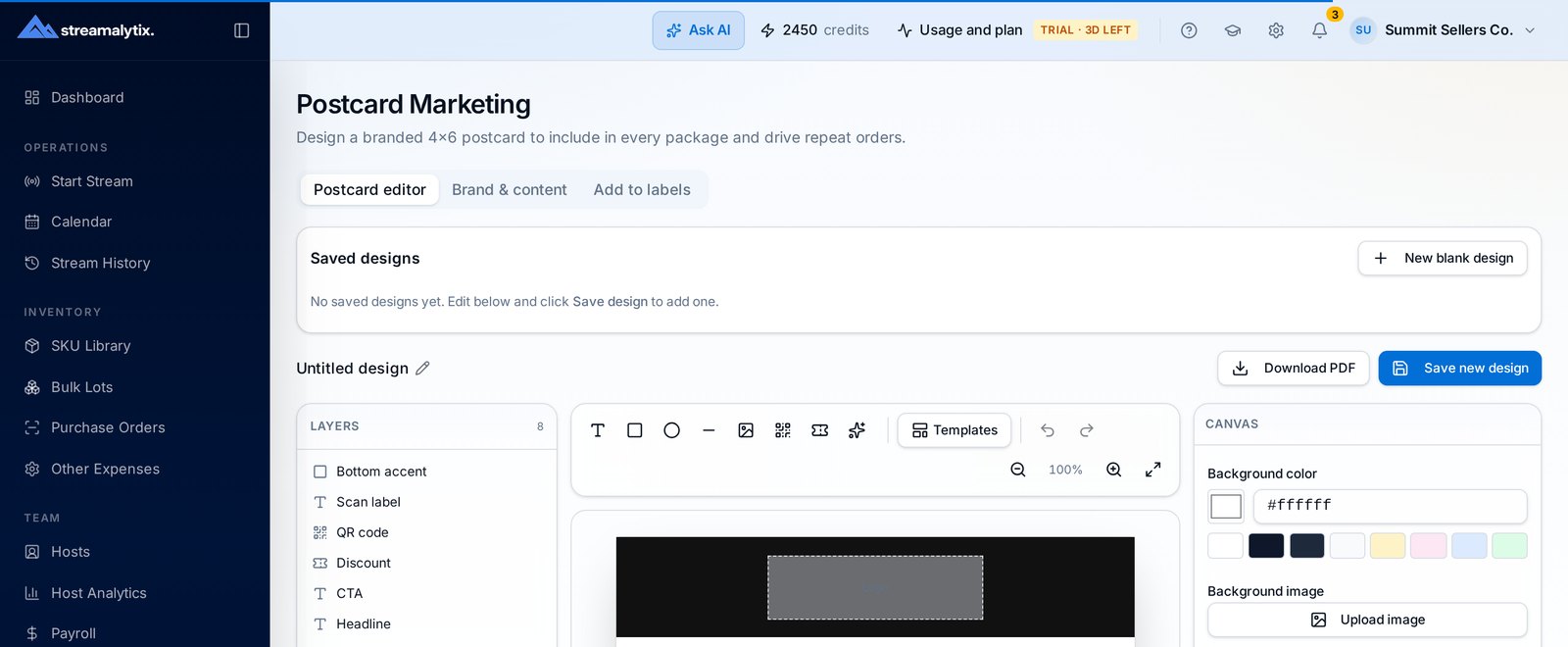 Streamalytix postcard marketing editor building a branded 4x6 insert