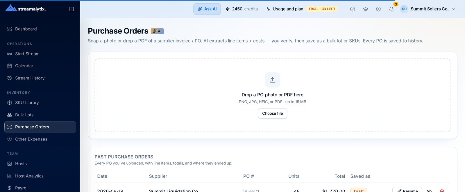 Streamalytix purchase orders list with supplier, units, totals and where each PO was saved