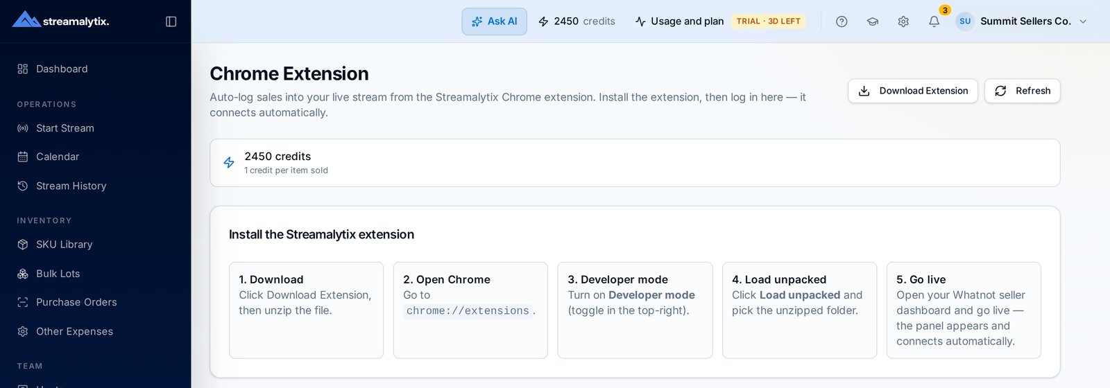 Streamalytix Chrome extension setup screen with credit balance and install steps